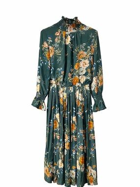 Green Floral Long Sleeve Midi Dress with Smocked Neck